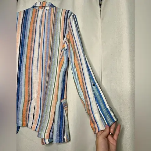 Caslon Linen Blue and Coral Striped Boyfriend Blazer XS
