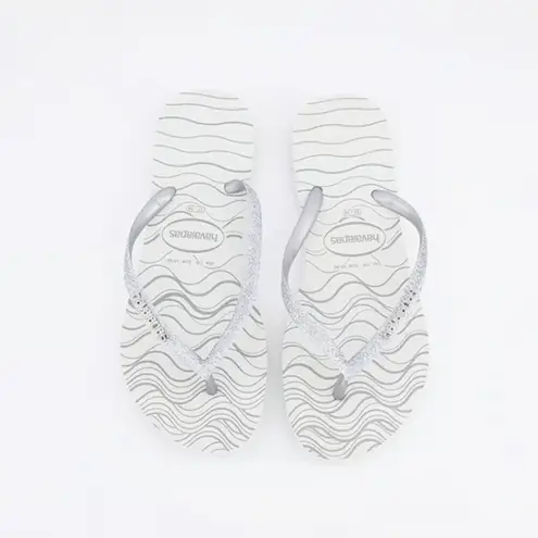 Havaianas NEW  Slim Bridal Glitter Flip Flops in White Bright Silver Women's 6