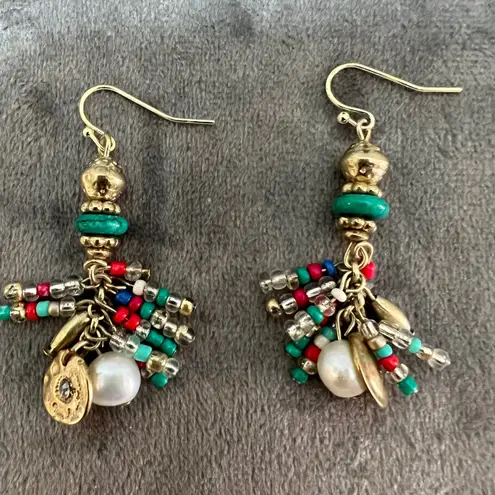 Boho Beaded Dangle Earrings Hammered Metal Beads Turquoise Red Y2K Bohemian Green