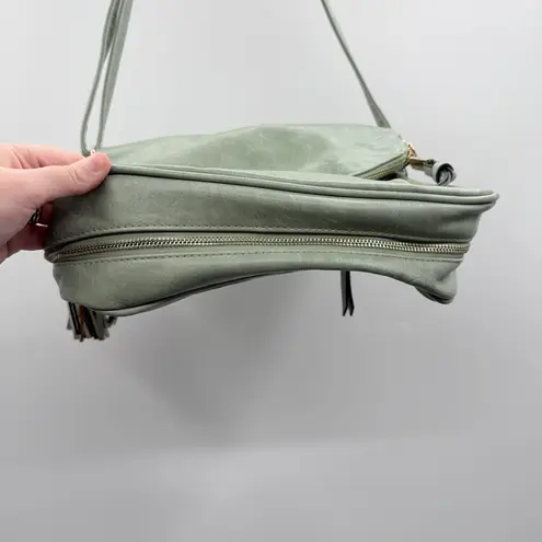 Sage Green Faux Leather Crossbody Bag Women’s Adjustable Strap Tassel Pocket