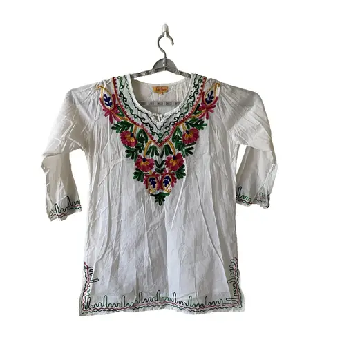 Sun Flower White Tops/Blouses Colorful Hand Stitched Mexican Style 100% Cotton Size XL