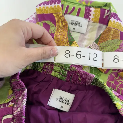 Seven Wonders Two Piece Set Womens XS Purple Green Hawaiian Aloha Shirt Shorts