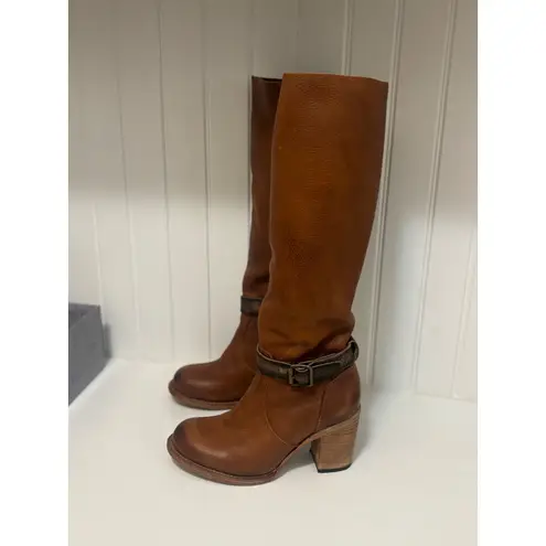 FREEBIRD by Steven Holland Tan Leather Tall Boots Buckle Side Zip Block Heel