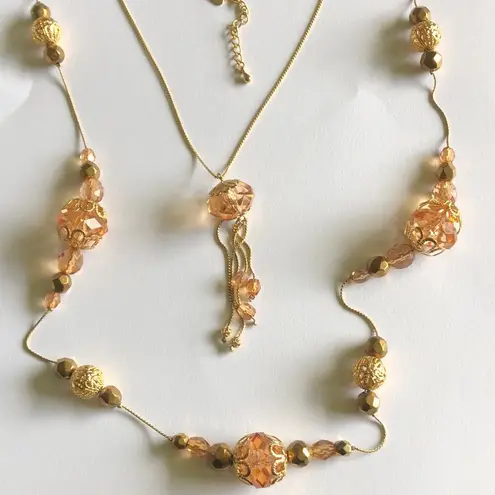 Ny Collection NY Brand Gold Tone Chain & Translucent Peach & Filigree Beaded Boho Necklace
