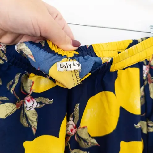 Womens Maxi Skirt Size S Navy Yellow Lemon Print Coastal Resort Maximalist Boho Blue