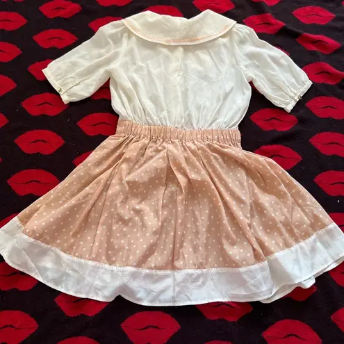 Kawaii beige white polka dot bow chiffon dress XS