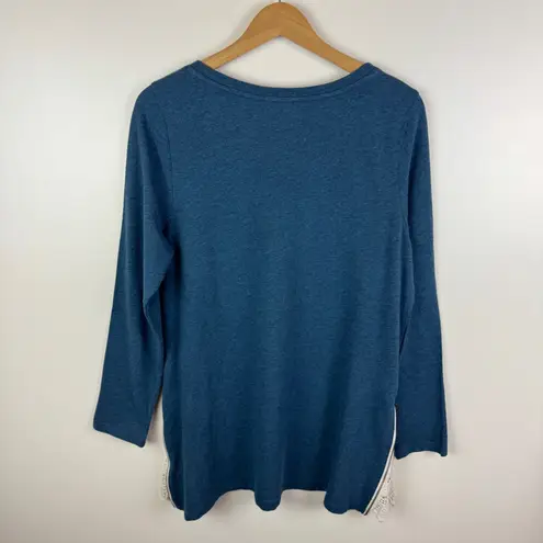 Soft Surroundings Darcy Sweatshirt Large Blue Lace Trim Zip Hem Comfy Everyday