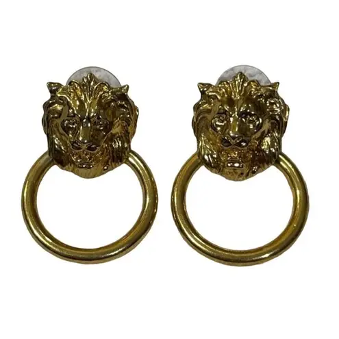 VTG Gold Tone Lion Door Knocker Earrings Post Pierced Statement