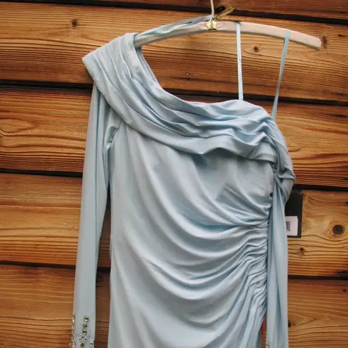 Mac Duggal 26485 Blue Foldover Long Sleeve Jeweled Midi Dress