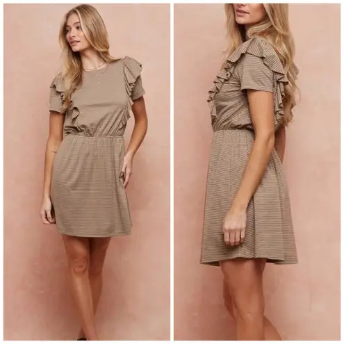 Doe & Rae Striped Ruffle Sleeve Mini Dress Tan White Short Sleeve Pockets S
