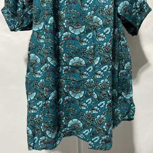 Band Of The Free New Floral Print Tassel Tie Babydoll Mini Dress Teal Size Small
