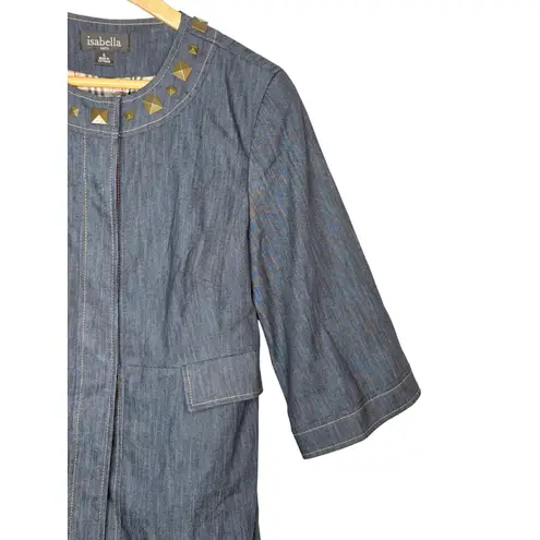 Isabella Suits Denim Studded Collar Trench Coat Jacket 3/4 Sleeve Women Size 6 Blue