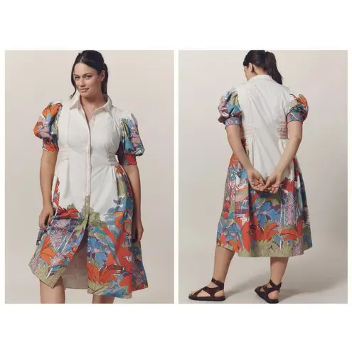 Anthropologie Maeve Puff Sleeve Smocked Shirt Dress Tropical Print Size XL Blue