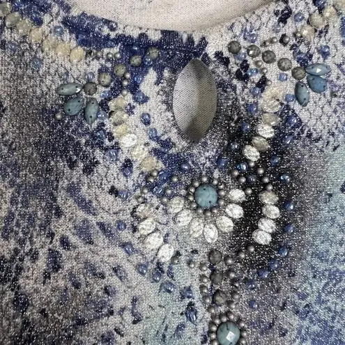 Alfred Dunner Petite Metallic Snakeskin Animal Print Beaded Sweater Size PXL Blue