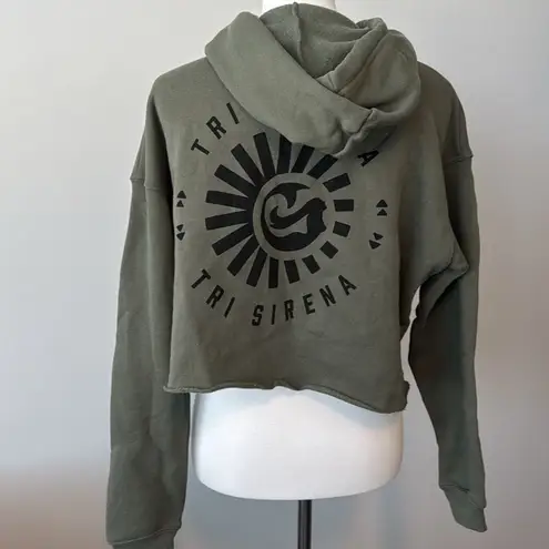 Tri Sirena Army Green Graphic Logo Cropped Hooded Sweatshirt Women's Medium