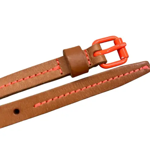 Brown Leather Belt with Neon Coral Stitching