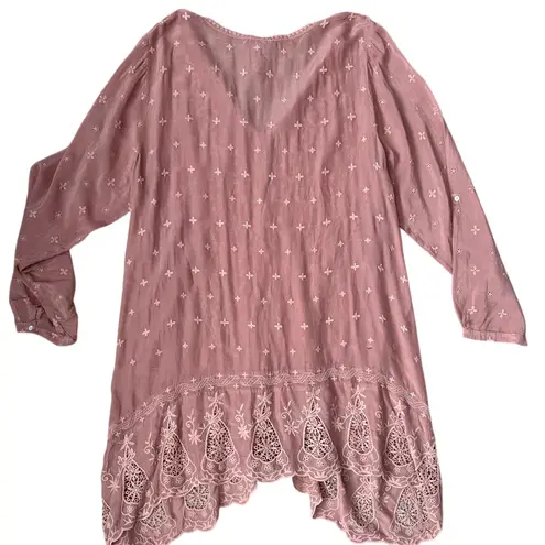 Johnny Was Plus V-Neck Embroidered Tab Sleeve Midi Dress Dusty Rose Size 2X