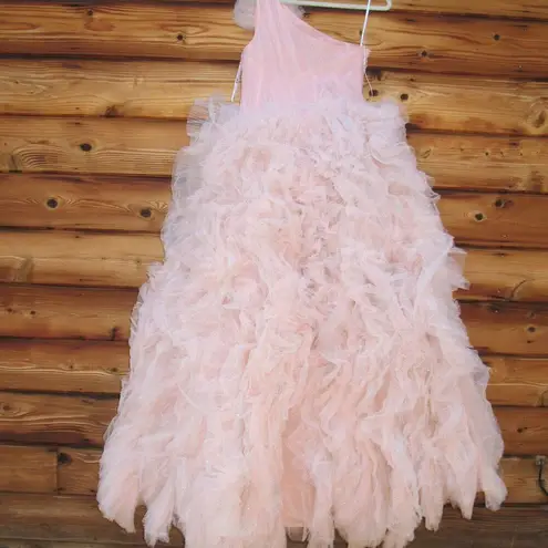 Mac Duggal 20576 Womens Pink One Shoulder Glitter Tulle Gown Dress