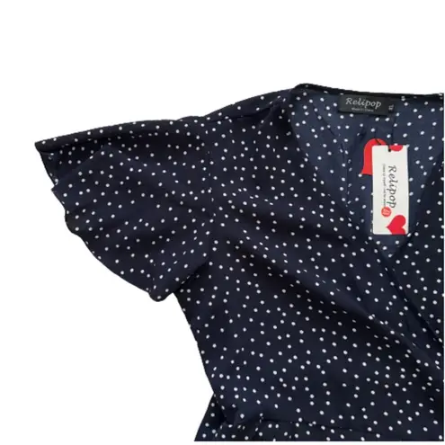 Relipop Wrap Dress Blue White Polka Dot V-Neck Bell Short Sleeve Ruffled XL NEW
