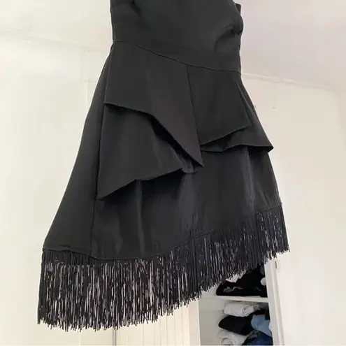 Alyn Paige Vintage Y2K Asymmetric Fringe Hem Strapless Mini Dress Size 5/6 Black