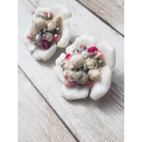 Vintage Clip On Earrings Unusual White & Multi Colored 3D Flower Statement
