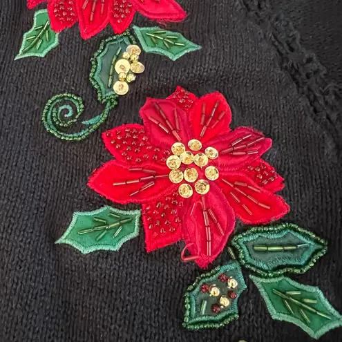 Black Poinsettia Embroidered Long Sleeve V Neck Ugly Christmas Sweater Women Size M