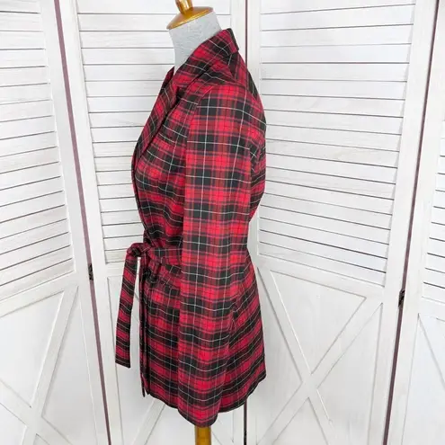 BeFree Tartan Plaid Double Breasted Tie Waist Trench Overcoat Red XS