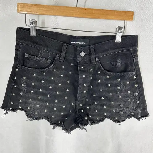 The Kooples Studded Denim Distressed Fray Cheeky Mini Shorts Black