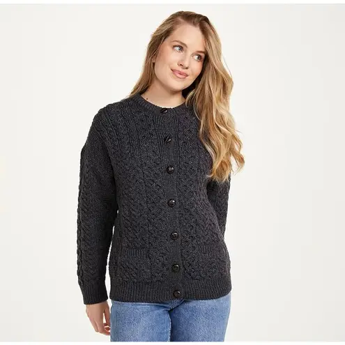 The Irish Store Aran Woollen Mills Charcoal Irish Cable Merino Wool Cardigan Gray Size L