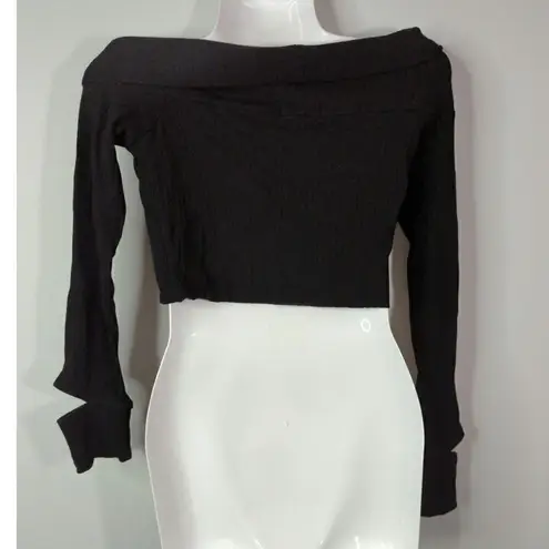 LNA Una Top Black Tencel Blend Ribbed Long Sleeve Wide Neck Cropped Top Size M