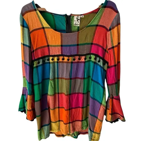 Stella & Dot VTG Stella Women's Top L Rainbow Plaid Boho Festival Tunic Bell Sleeve Zip Back