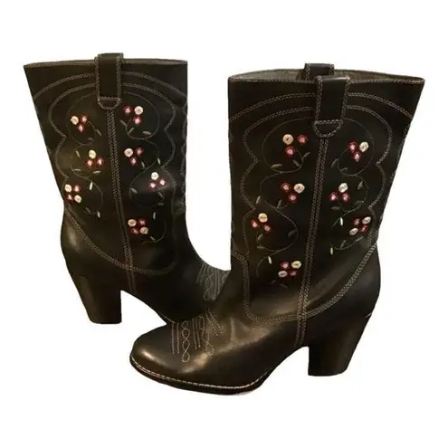 Seychelles Floral Embroidered Black Leather Cowboy Heeled Boots
