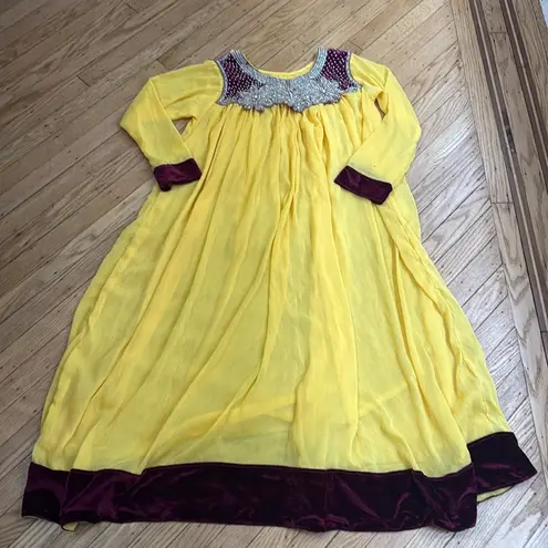 Yellow Chiffon Indian Anarkali Dress Red Velvet Trim Beaded M Size M