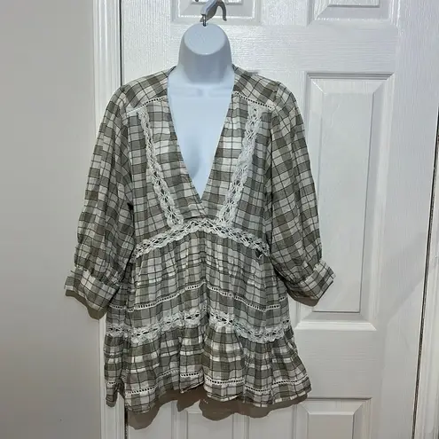 Free People  Time Out Babydoll Tunic Cotton Ivory grey combo size SP