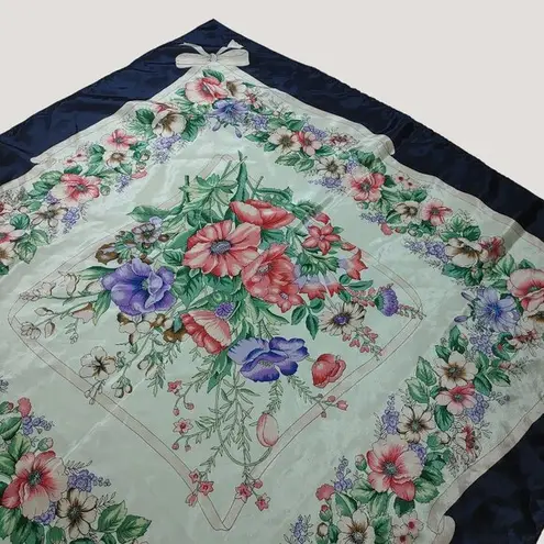 Flowers Floral Print Satin Square Scarf 30 by 30 Navy Border Bow Design