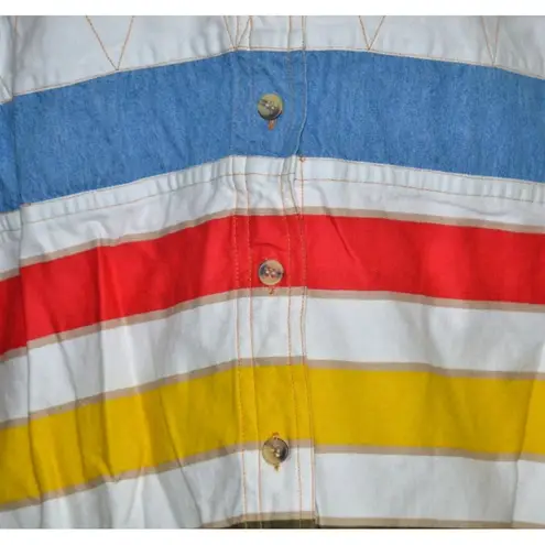 Vintage 90's Small Kikomo Denim Striped Shirt Sleeveless Button Leather Trim Top White