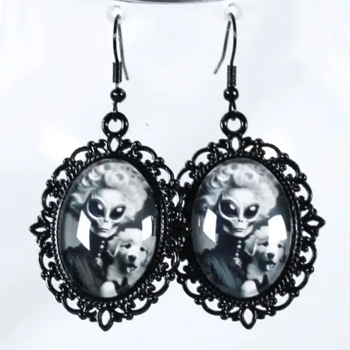 Handmade Alien Aristopaw Gothic Victorian Alien Woman & Pyrenees Puppy Earrings