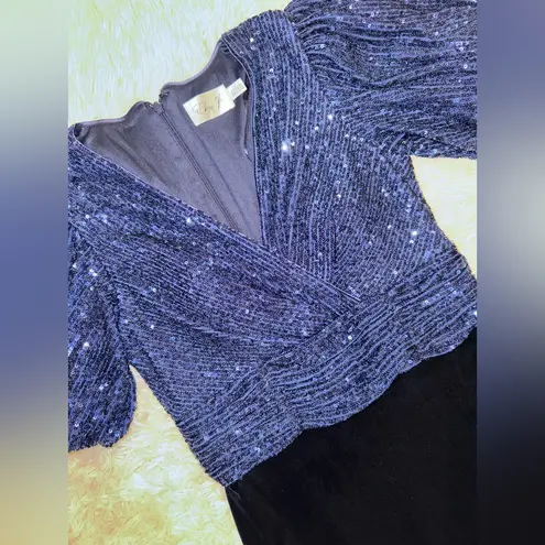 Eliza J NEW Sequin Bodice Surplice V Neck Short Puff Sleeve Velvet Gown 2