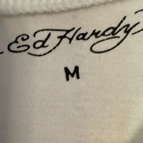 Ed Hardy White Tee with tattoo Skull and Flames size M cropped