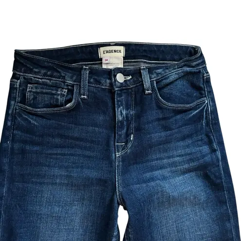 L'Agence L’Agence Bell High Rise Flare Stretch Jean 24X33” Frisco Dark Wash Fringe Hem