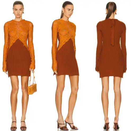 Marni Long Sleeve Lace & Ribbed Wool Mini Dress Gold Brown Orange Size XS