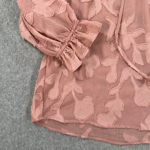 Moon River By the River Rose Pink Gold Metallic Ruffle Floral Blouse Sheer Size Small VNeck