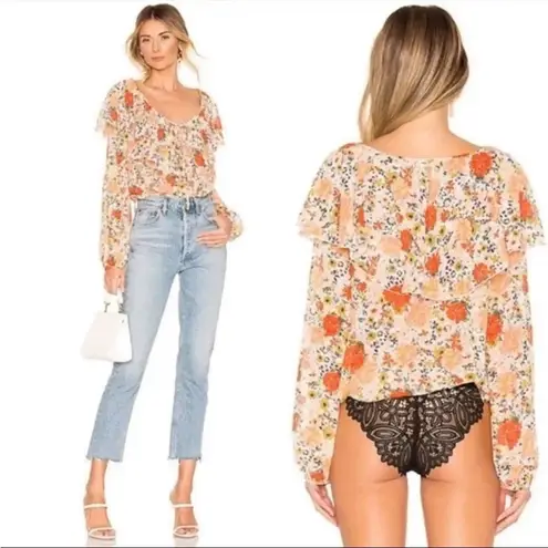 Free People  Intimately Say It To Me Bodysuit Long Sleeve Orange Floral XS