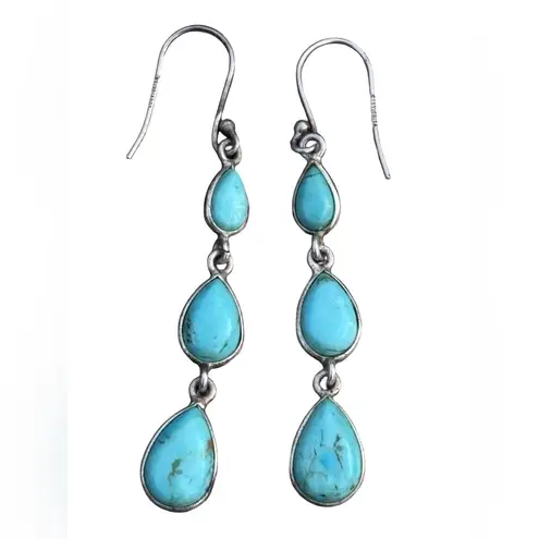 New Sterling Silver Turquoise Teardrop Cabochon Dangle Earrings Blue