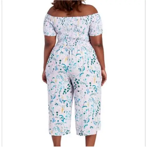 FOR THE REPUBLIC Woman 2X Floral Smocked Off Shoulder Jumpsuit NWT Cottagecore