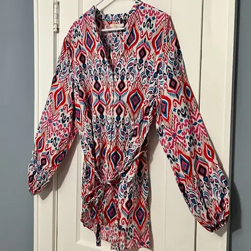 Boden rosie 100% linen tunic top button front multicolor ikat size 10R preppy Red