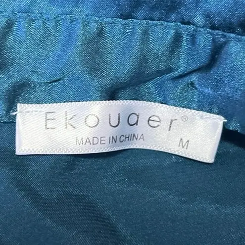 Ekouaer Blue Silk Satin Long Sleeve Collar Button Mini Nightgown Shirt Dress M