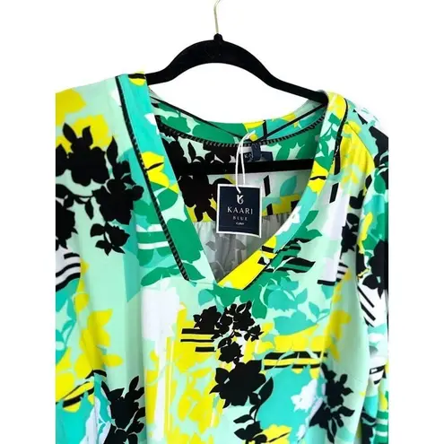 Kaari Blue Curvy Blouse Women’s 2X Long Sleeve Bell Sleeve Tunic Floral Beachy