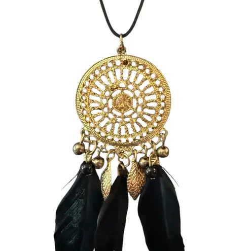 Black Feather Yellow Crystal Boho Gold Dreamcatcher Necklace