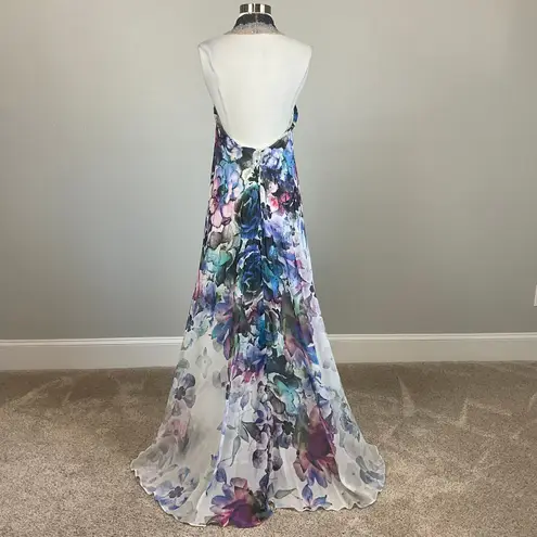 Badgley Mischka Backless Floral Print Beaded Halter Evening Gown White Size 10